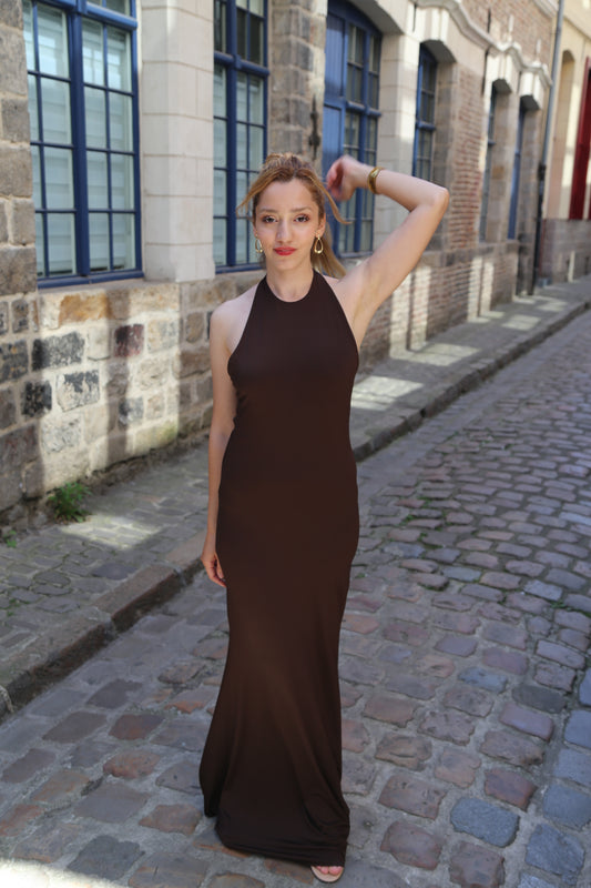 Robe Longue Marron Femme – Coupe Sirène & Dos Nu Halter