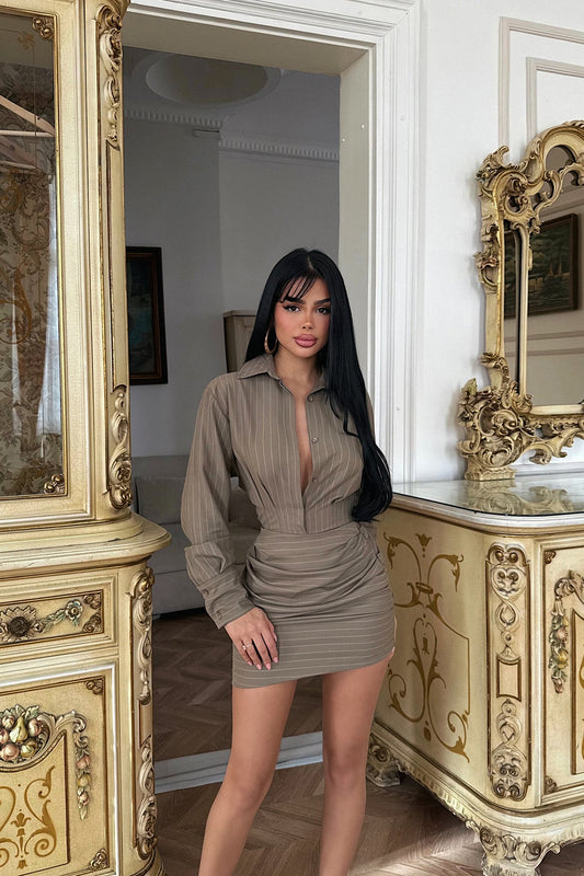 Robe Chemise Courte Femme à Rayures Crème